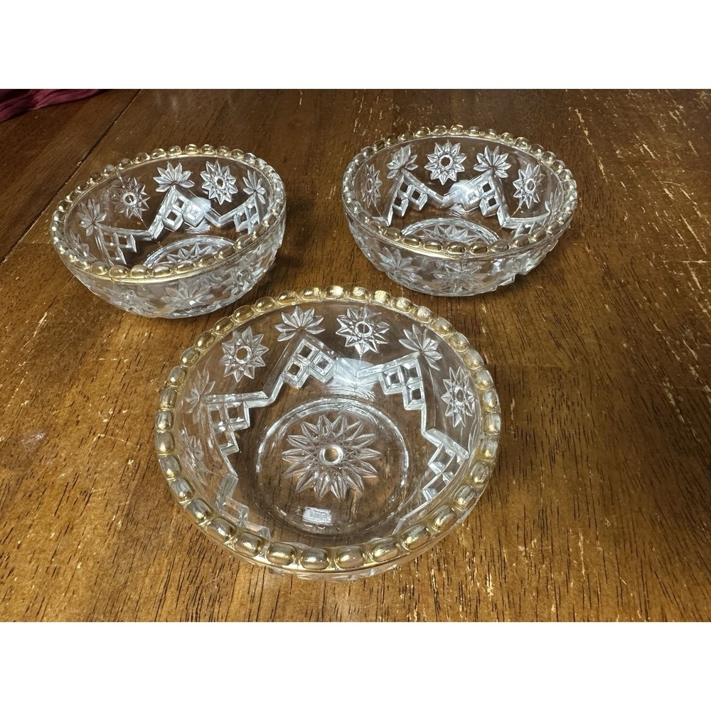 Set of 3 Vintage Pressed Glass Bowls Gold Beaded Rim Starburst Pattern